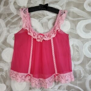 VICTORIA'S SECRET Sexy Hot Pink Shee Lace Baby Doll Lingerie Sz L Valentines Day